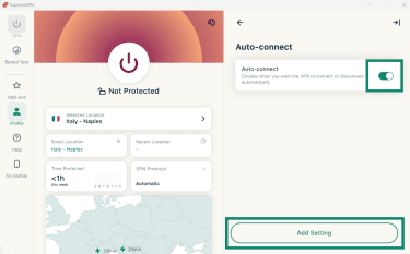 ExpressVPN desktop app showing the Auto-connect settings page with the Add Setting button highlighted.